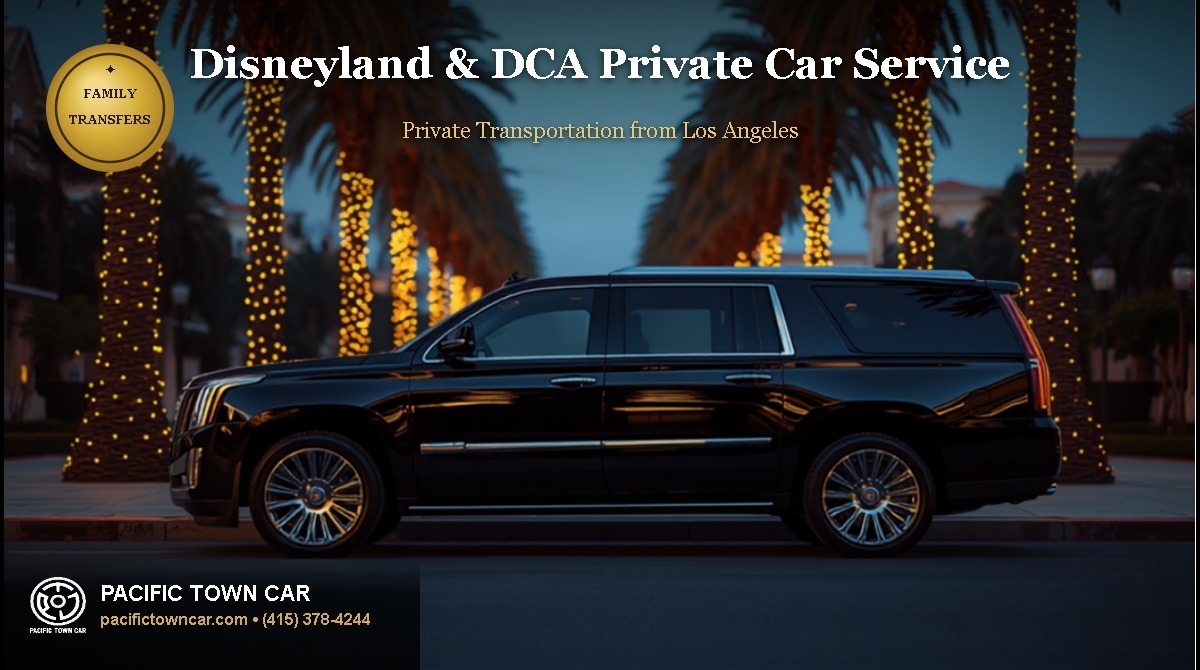 Pacific Town Car black Cadillac Escalade SUV parked on a palm tree lined street near Disneyland Anaheim at dusk with title, family transfers badge, and Pacific Town Car logo