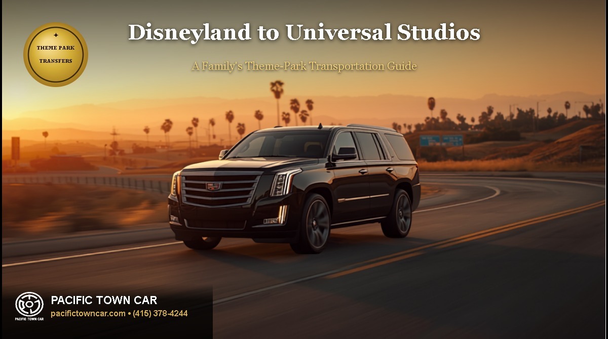 Pacific Town Car black Cadillac Escalade SUV driving on a Southern California highway at sunset between Disneyland and Universal Studios with title, theme park transfers badge, and Pacific Town Car logo