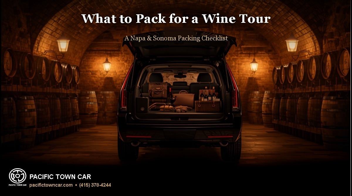 Pacific Town Car Cadillac Escalade SUV trunk packed for a Napa Sonoma wine tour with title