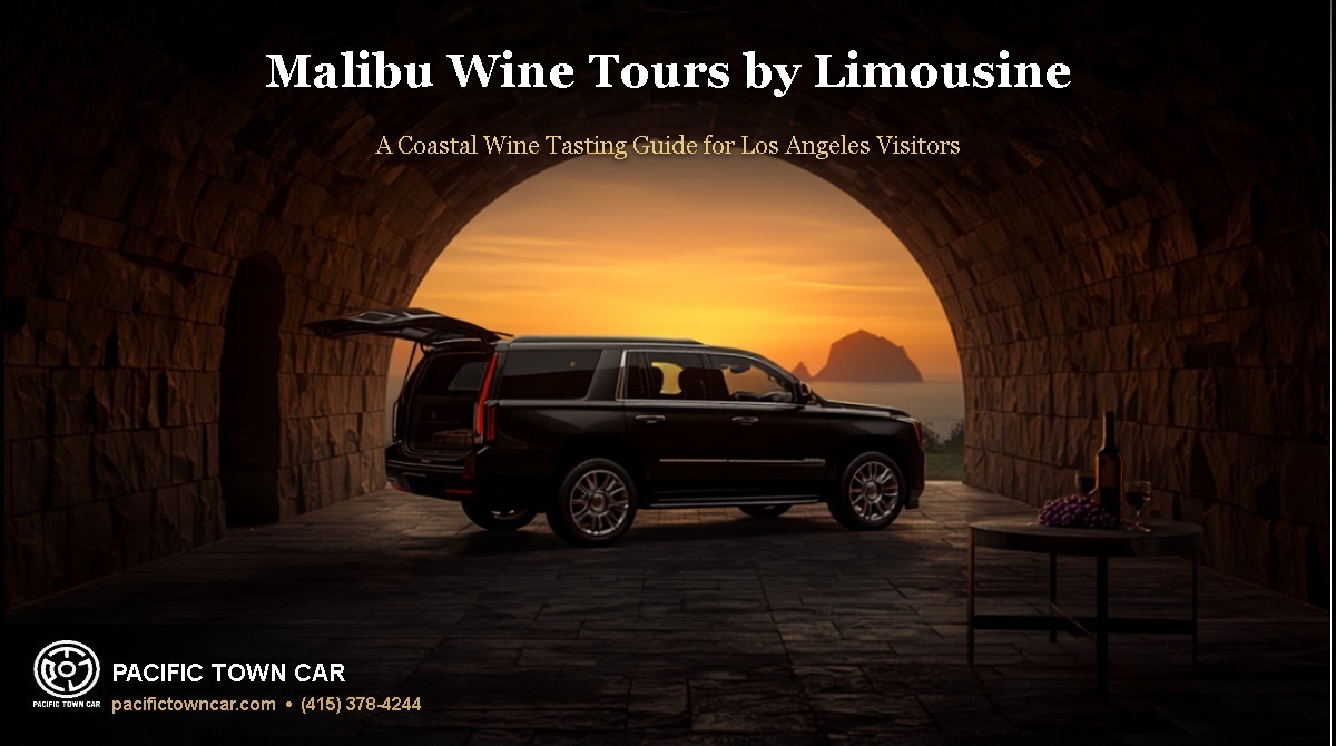 Pacific Town Car black Cadillac Escalade SUV at Malibu coastal wine cellar sunset with title