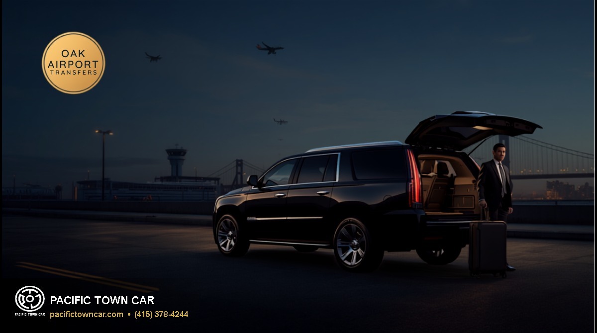 Pacific Town Car black Cadillac Escalade SUV at Oakland Airport OAK with Bay Bridge