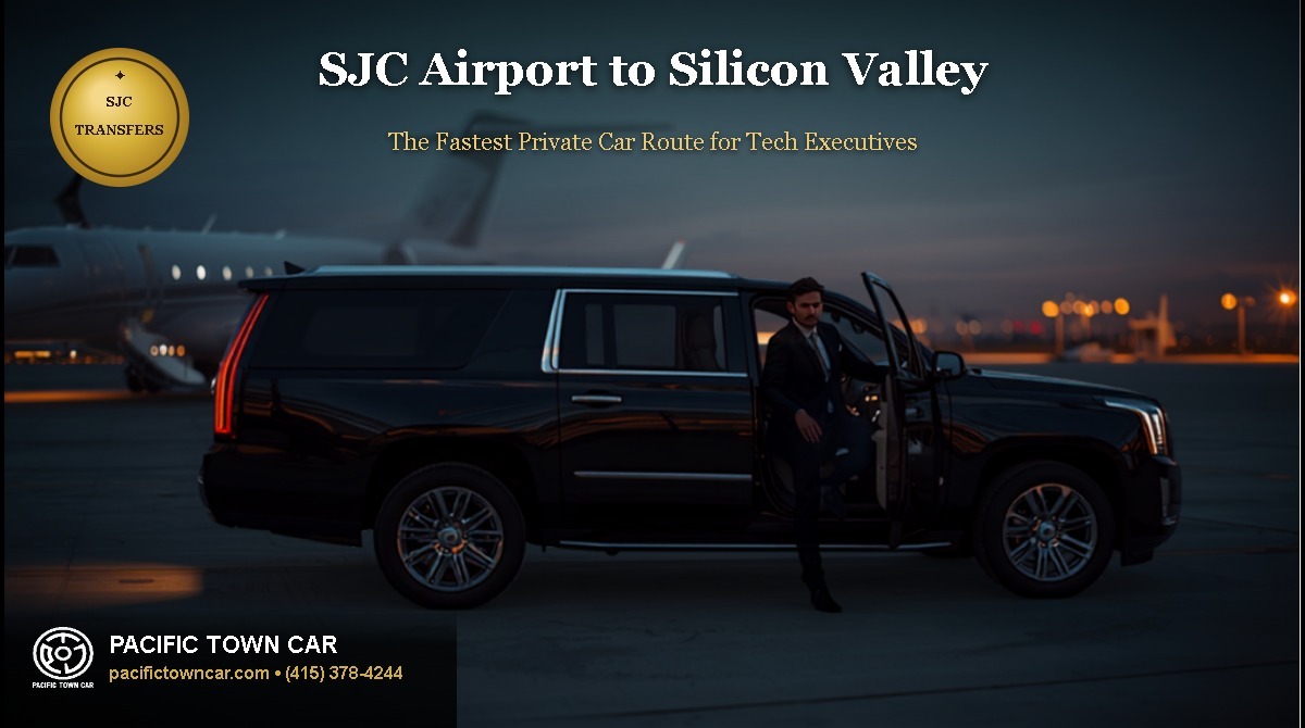 Pacific Town Car black Cadillac Escalade SUV on airport tarmac with private jet at dusk, executive stepping in, title, SJC transfers badge, and Pacific Town Car logo