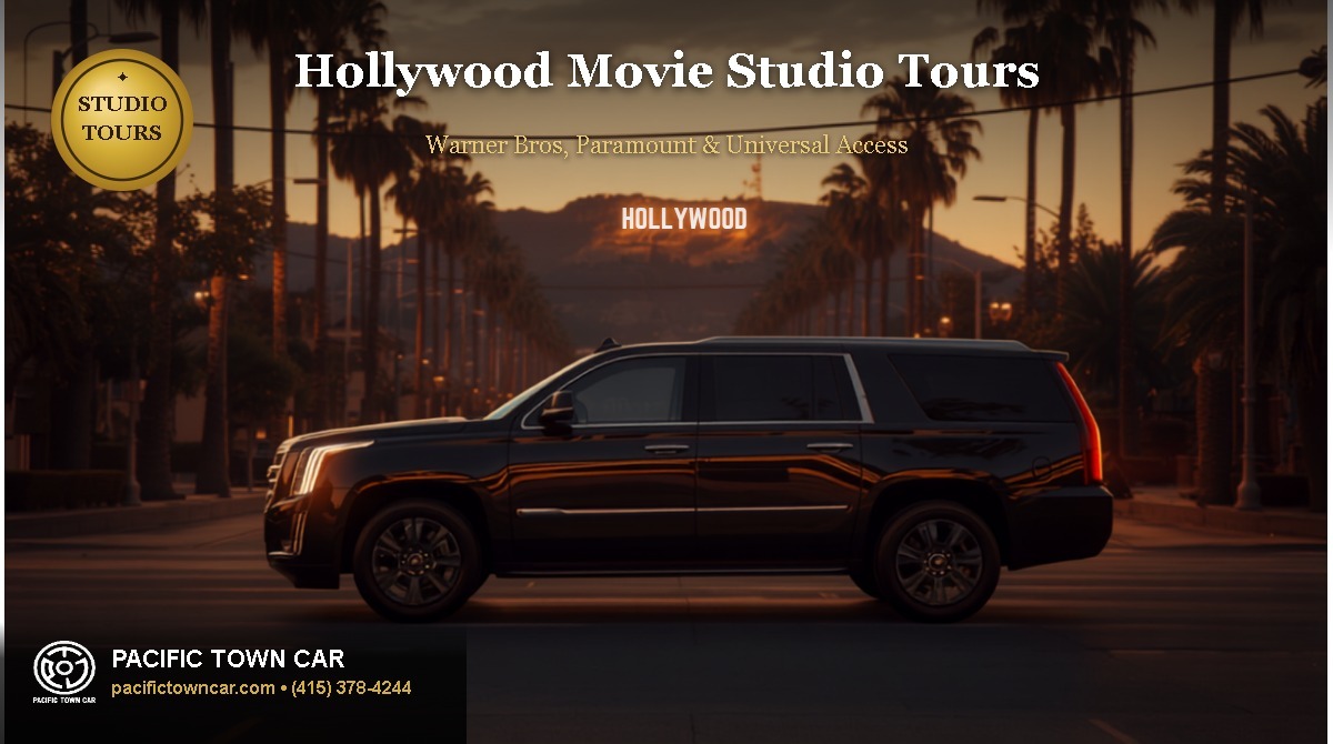 Pacific Town Car black Cadillac Escalade SUV driving in Hollywood at dusk with the Hollywood sign in the background, title, studio tours badge, and Pacific Town Car logo