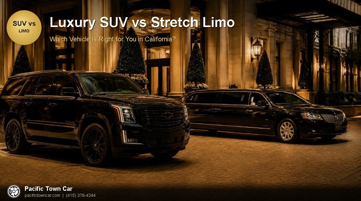 Black luxury SUV parked next to a black stretch limousine outside an upscale hotel entrance at night, Pacific Town Car vehicle comparison guide