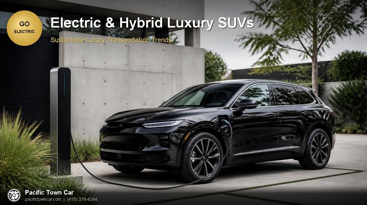 Black electric luxury SUV charging outside a modern home, Pacific Town Car sustainable transportation