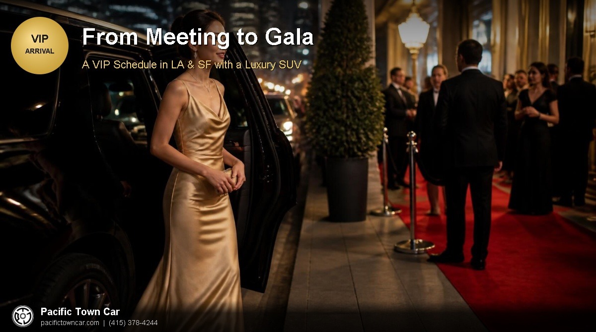Elegant woman in evening gown stepping out of black luxury SUV at glamorous gala red carpet, Pacific Town Car VIP service