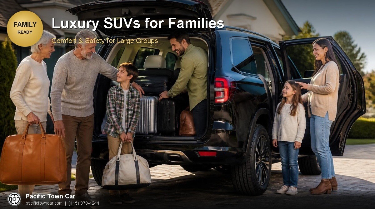 Multi-generational family with grandparents and children loading luggage into a black luxury SUV in a suburban driveway, Pacific Town Car family travel service