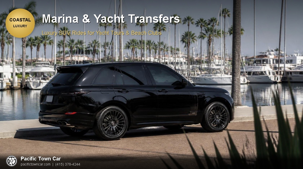 Black luxury SUV parked at a scenic California marina with white yachts and palm trees, Pacific Town Car marina transfer service