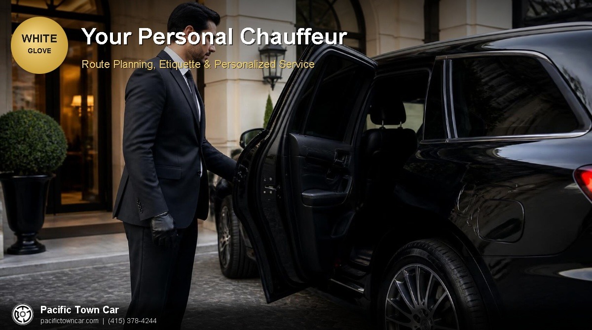 Professional chauffeur in black suit opening the rear door of a black luxury SUV at an upscale hotel entrance, Pacific Town Car personalized service