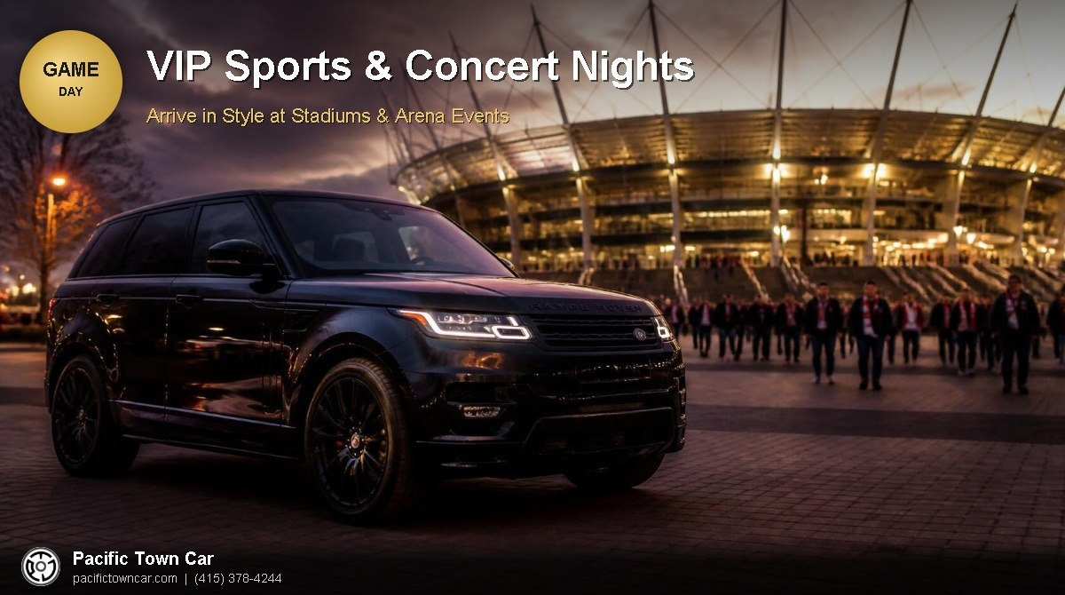 Black luxury SUV parked outside a modern sports stadium at dusk with glowing stadium lights and fans nearby, Pacific Town Car VIP event transportation