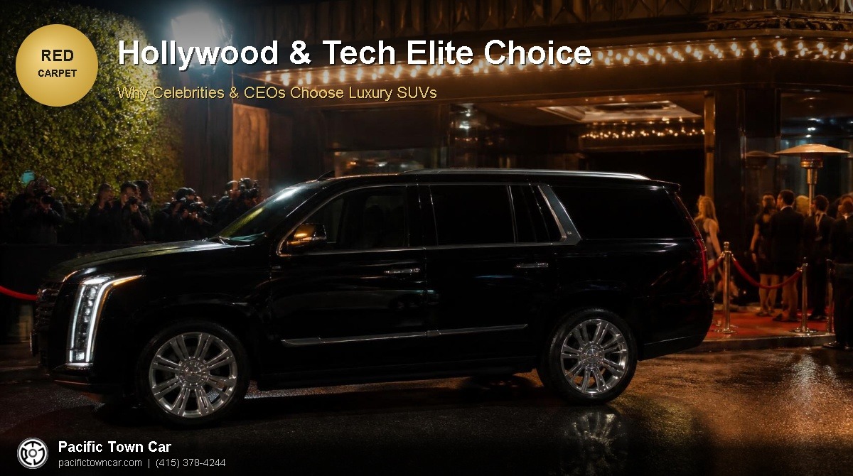 Black luxury SUV with tinted windows parked outside a glamorous Hollywood movie premiere entrance with paparazzi flashes, Pacific Town Car celebrity transportation